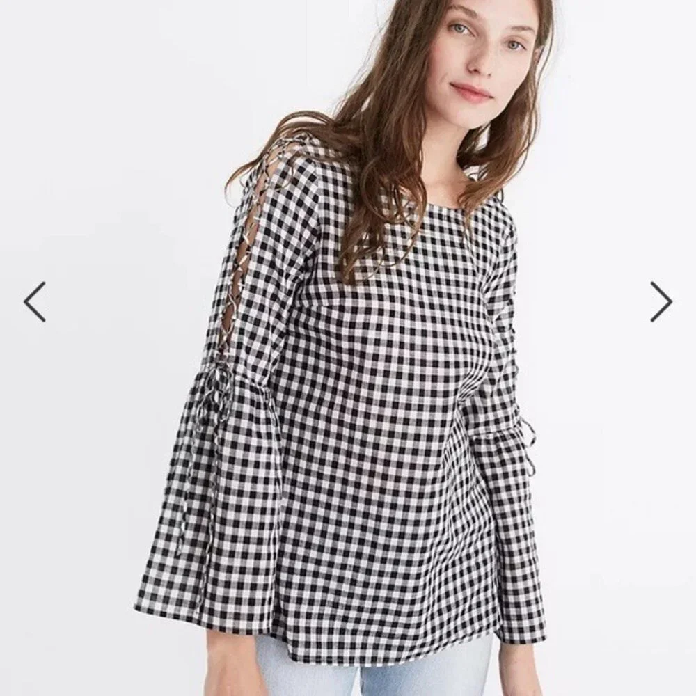 Madewell Top Gingham Bell Sleeve Lace Up Bow Blouse S Black White Retro Shirt - Picture 1 of 6
